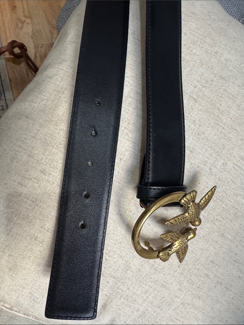 Pinko Black Leather Belt with Gold Twin Bird Ring Buckle - Picture 4 of 5